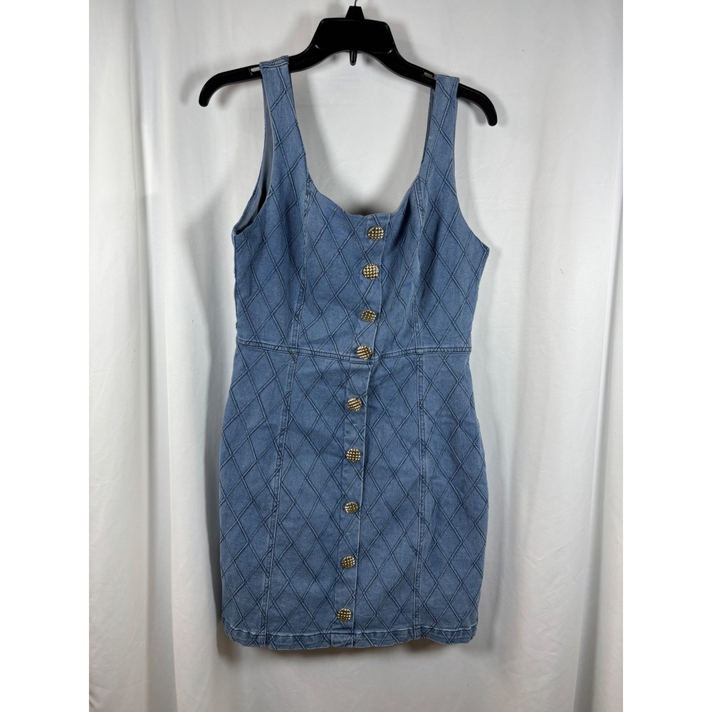 RIVIR Women Denim Blue Quilted Button Front Mini Dress Large AO568D NWT